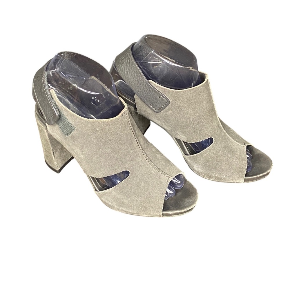 Grey Suede Peep Toe Block Heel Sandals‎ w Ankle Strap and Side Cutouts 36 (US 6)